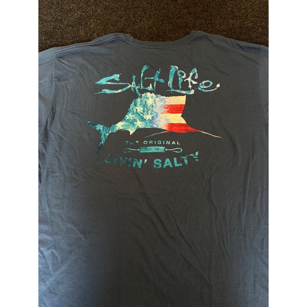 Salt Life Mens XL Navy Blue Marlin American Flag Pocket T-Shirt Livin Salty Tee
